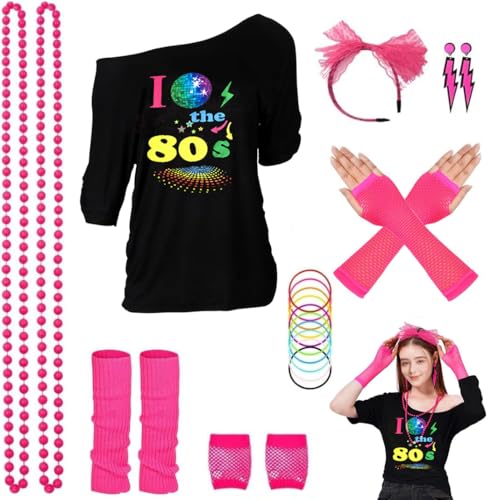 ELFIN 80er 90er Jahre Outfit Damen, T-Shirt, Stirnband, Ohrring, Halskette, Netzhandschuhe, Armband, Beinwärmer, 80er 90er Jahre Kostüm Aerobic Kleidung Mottoparty Accessoires Karneval, Schwarz-3, S von ELFIN