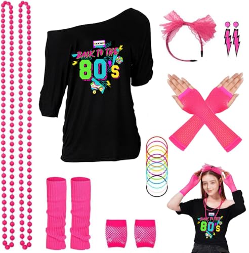 ELFIN 80er 90er Jahre Outfit Damen, T-Shirt, Stirnband, Ohrring, Halskette, Netzhandschuhe, Armband, Beinwärmer, 80er 90er Jahre Kostüm Aerobic Kleidung Mottoparty Accessoires Karneval, Schwarz-4, XL von ELFIN