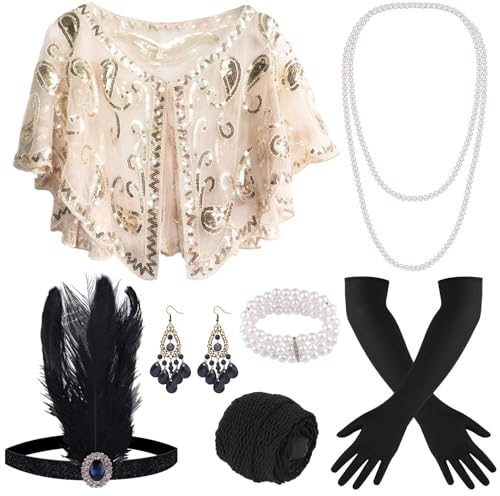 ELFIN 9 Teiliges 20er Accessoires, 1920er Flapper Great Gatsby Accessoires-Set Fashion Roaring 20's Theme Set mit Stirnband, Kopfbedeckung, langen schwarzen Handschuhen, Halskette, Apriskose Gold von ELFIN