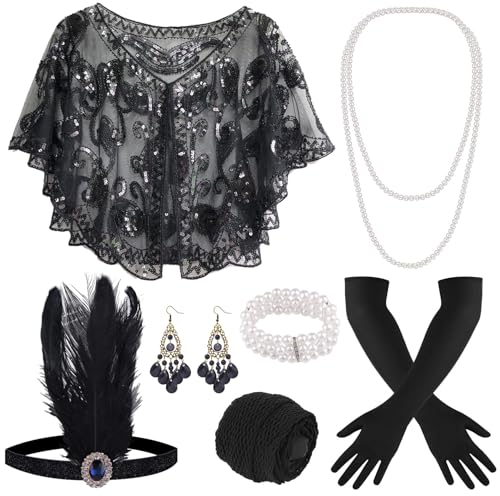 ELFIN 9 Teiliges 20er Accessoires, 1920er Flapper Great Gatsby Accessoires-Set Fashion Roaring 20's Theme Set mit Stirnband, Kopfbedeckung, langen schwarzen Handschuhen, Halskette, Schwarz von ELFIN