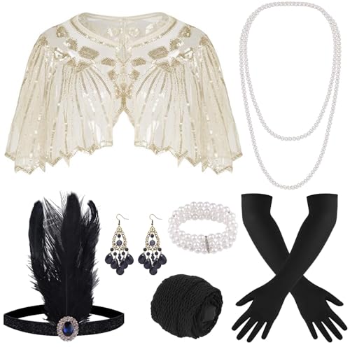 ELFIN 9-teiliges 1920er Flapper Great Gatsby Accessoires-Set Fashion Roaring 20's Theme Set mit Stirnband, Kopfbedeckung, langen schwarzen Handschuhen, Halskette, Apriskose Gold von ELFIN