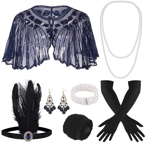 ELFIN 9-teiliges 1920er Flapper Great Gatsby Accessoires-Set Fashion Roaring 20's Theme Set mit Stirnband, Kopfbedeckung, langen schwarzen Handschuhen, Halskette, Schwarz Blau von ELFIN