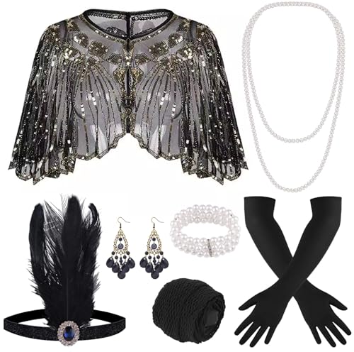 ELFIN 9-teiliges 1920er Flapper Great Gatsby Accessoires-Set Fashion Roaring 20's Theme Set mit Stirnband, Kopfbedeckung, langen schwarzen Handschuhen, Halskette, Schwarz Gold von ELFIN