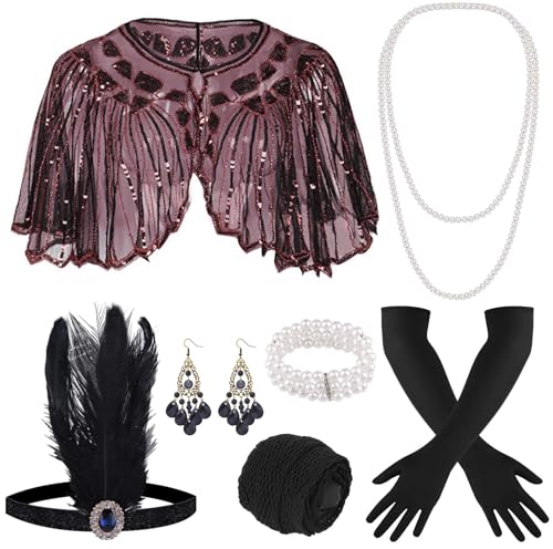 ELFIN 9-teiliges 1920er Flapper Great Gatsby Accessoires-Set Fashion Roaring 20's Theme Set mit Stirnband, Kopfbedeckung, langen schwarzen Handschuhen, Halskette, Schwarz Rot von ELFIN