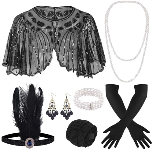 ELFIN 9-teiliges 1920er Flapper Great Gatsby Accessoires-Set Fashion Roaring 20's Theme Set mit Stirnband, Kopfbedeckung, langen schwarzen Handschuhen, Halskette, Schwarz von ELFIN