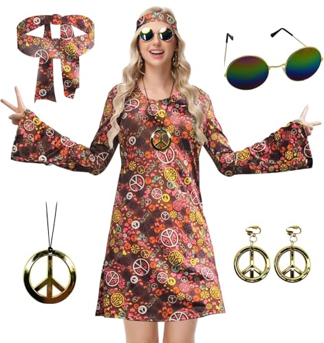 ELFIN Damen Hippie Kleid, 60er 70er Hippie Kostüm Damen Set, Hippie Kleidung Accessoires mit Brille, Haarband, Halskette, Ohrringen, Disco-Outfit Damen Karneval Mottoparty Halloween, Braun, L von ELFIN