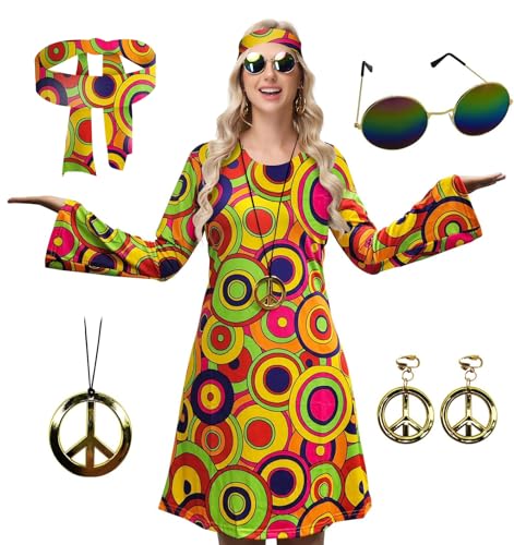 ELFIN Hippie Kleidung Damen Hippie Kleider, Rundhals Hippie Party Kleid, 60er 70er Hippie Kostüm, mit Brille, Haarband, Halskette, Ohrringen, Disco-Outfit Damen Karneval Halloween, Bunt, L von ELFIN