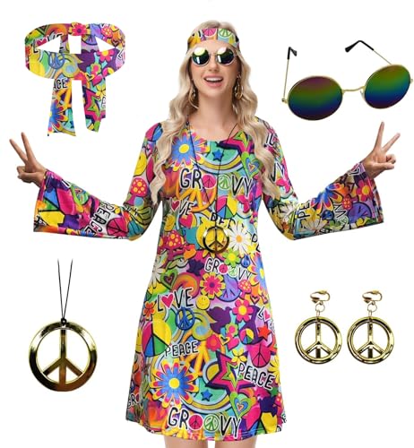 ELFIN Damen Hippie Kleid, 60er 70er Hippie Kostüm Damen Set, Hippie Kleidung Accessoires mit Brille, Haarband, Halskette, Ohrringen, Disco-Outfit Damen Karneval Mottoparty Halloween, Bunte-geblümt, S von ELFIN