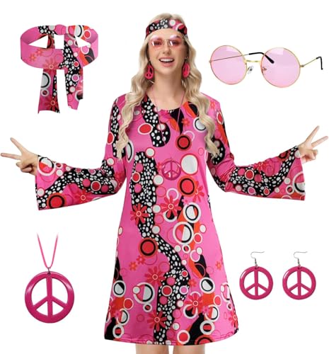 ELFIN Damen Hippie Kleid, 60er 70er Hippie Kostüm Damen Set, Hippie Kleidung Accessoires mit Brille, Haarband, Halskette, Ohrringen, Disco-Outfit Damen Karneval Mottoparty Halloween, Pink, L von ELFIN