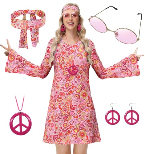 ELFIN Hippie Kleidung Damen Hippie Kleider, Rundhals Hippie Party Kleid, 60er 70er Hippie Kostüm, mit Brille, Haarband, Halskette, Ohrringen, Disco-Outfit Damen Karneval Halloween, Pink-geblümt, XL von ELFIN