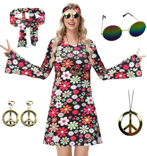 ELFIN Hippie Kleidung Damen Hippie Kleider, Rundhals Hippie Party Kleid, 60er 70er Hippie Kostüm, mit Brille, Haarband, Halskette, Ohrringen, Disco-Outfit Damen Karneval Halloween, Schwarz-blume, XL von ELFIN