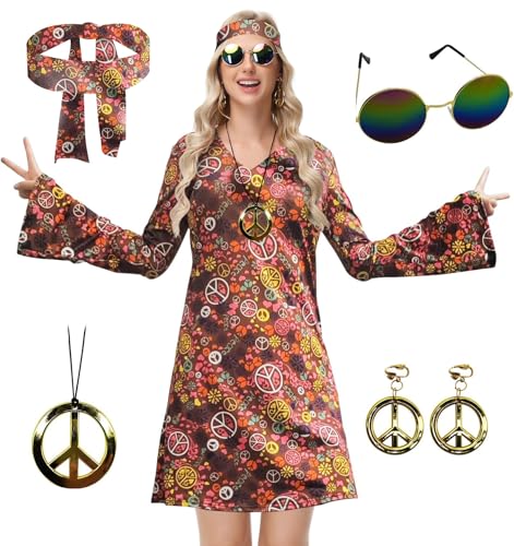 ELFIN Damen Hippie Kleid, 60er 70er Hippie Kostüm Damen Set, Retro Hippie Kleidung Accessoires mit Brille, Haarband, Halskette, Ohrringen, Disco-Outfit Damen Karneval Mottoparty Halloween, Braun, L von ELFIN