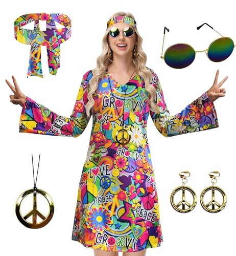 ELFIN Hippie Kleidung Damen V Ausschnitt Hippie Party Kleid, 60er 70er Hippie Kostüm, mit Brille, Haarband, Halskette, Ohrringen, Disco-Outfit Damen Karneval Halloween, Bunte-F, M von ELFIN