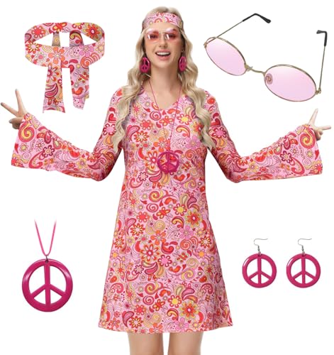 ELFIN Damen Hippie Kleid, 60er 70er Hippie Kostüm Damen Set, Retro Hippie Kleidung Accessoires mit Brille, Haarband, Halskette, Ohrringen, Disco-Outfit Damen Karneval Mottoparty Halloween, Pink-F, XL von ELFIN