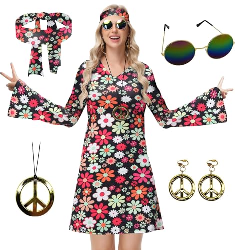 ELFIN Damen Hippie Kleid, 60er 70er Hippie Kostüm Damen Set, Retro Hippie Kleidung Accessoires mit Brille, Haarband, Halskette, Ohrringen, Disco-Outfit Damen Karneval Mottoparty Halloween, Schwarz, S von ELFIN