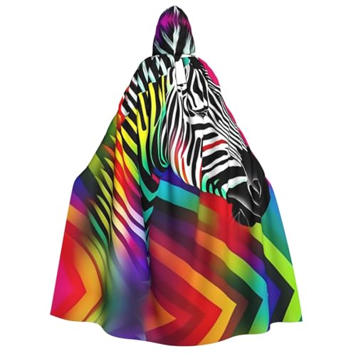 ELFcat Kapuzenumhang für Erwachsene, Unisex, volle Länge, Halloween, Karneval, Partyzubehör, Teufel-Hexen-Umhang, 147,3 cm, buntes Regenbogen-Zebra von ELFcat