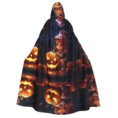 ELFcat Kapuzenumhang für Erwachsene, Unisex, volle Länge, Halloween, Karneval, Partyzubehör, Teufel-Hexen-Umhang, 147,3 cm, süßer Halloween-Kürbis von ELFcat