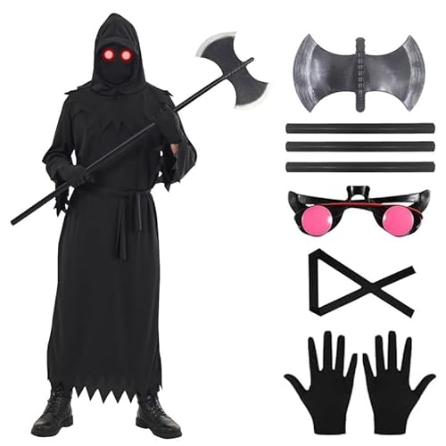 ELINA Grim Reaper Cosplay Kostüm,Sensenmann Kostüm Carnival Halloween Grim Reaper Cosplay with Death Axe Handschuhe Leuchtende Gläser und Maske Für Erwachsene Klein von ELINA