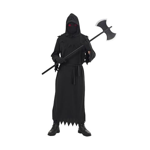 ELINA Grim Reaper Cosplay Kostüm,Sensenmann Kostüm Carnival Halloween Grim Reaper Cosplay with Death Axe Handschuhe Leuchtende Gläser und Maske Für Kinder 10–12 Jahre von ELINA