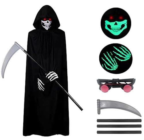 ELINA Sensenmann Kostüm Karneval Halloween Grim Reaper Kapuzen Umhang Cosplay Kostüm mit Todessense Leuchtende Gläser und Schädelmaske, Geisterhandschuhe Groß Für 160cm bis 175 cm von ELINA