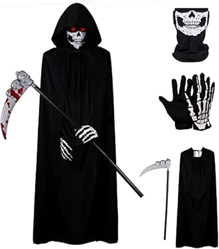 ELINA Sensenmann Kostüm Karneval Halloween Grim Reaper Kapuzen Umhang Cosplay Kostüm mit Todessense Leuchtende Gläser und Schädelmaske, Geisterhandschuhe Groß Für 160cm bis 175 cm von ELINA