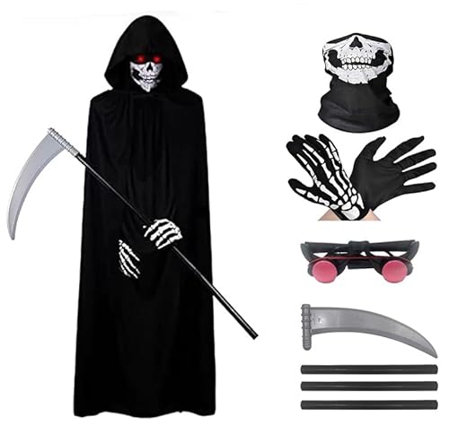 ELINA Sensenmann Kostüm Karneval Halloween Grim Reaper Kapuzen Umhang Cosplay Kostüm mit Todessense Leuchtende Gläser und Schädelmaske, Geisterhandschuhe ELINA Sensenmann Kostüm Karneval Halloween Grim Reaper Kapuzen Umhang Cosplay Kostüm mit Todessense Leuchtende Gläser und Schädelmaske, Geisterhandschuhe von ELINA