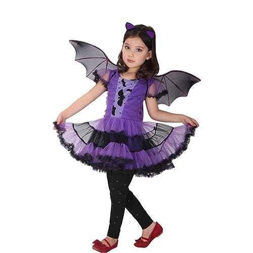 ELLASASUXI Halloween Kostüm Fledermaus Mädchen mit Flügeln & Kopfschmuck 7 bis 14 Jahre,Cosplay Lila Schwarz Tutu Kleid,Karneval Halloween Party Kostüm für Kinder von ELLASASUXI