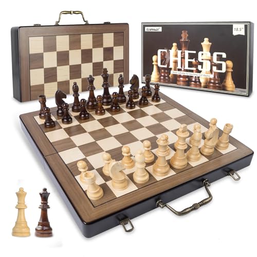 ELONGDI 47,7 cm großes Holzschach-Set mit Griff, Schachsets für Erwachsene und Kinder, tragbares, faltbares Brettspiel mit 11,4 cm großem König, handgefertigt, große Schachfiguren mit von ELONGDI