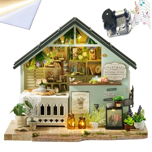 Kleines Haus Set zum Selbermachen, kreatives Zubehör für Puppenhaus, 3D-Holzpuzzle, grünes Pflanzenstudio, Mini mit LED-Leuchten und Möbeln von ELPHNUTSEY