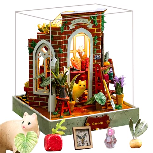 Miniatur- und Möbel-Puppenhaus-Set, Mini-3D-Holzpuppenhaus, Bastelmodell mit staubdichter Abdeckung und LED, kreative Raumidee für Valentinstag, Geburtstag, Geschenk (Blumenzimmer) von ELPHNUTSEY