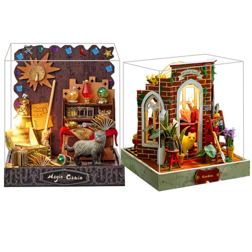 Miniatur- und Möbel-Puppenhaus-Set, Mini-3D-Holzpuppenhaus-Bastelmodell mit staubdichter Abdeckung und LED, kreative Raumidee für Valentinstag, Geburtstag, Geschenk (2 Stück - C) von ELPHNUTSEY