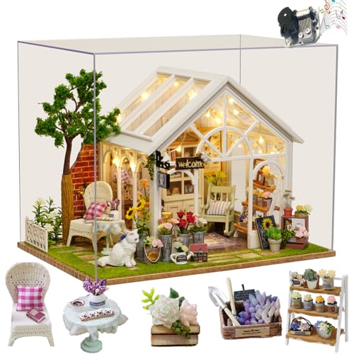 Puppenhaus Kit Gewächshaus, DIY Miniaturraum mit LED-Licht, Holz Modellbausatz für Erwachsene, Blumenhaus, Geschenke für Freunde von ELPHNUTSEY