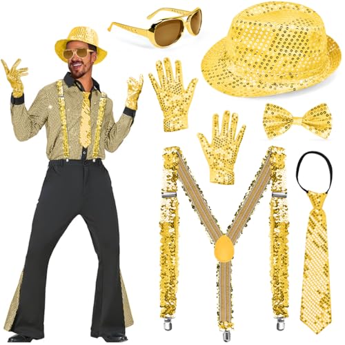 6 Stück Glitzer Outfit Herren Pailletten Hosenträger Set Disco Glitzer Accessoires mit Hut, Hosenträger, Krawatte, Fliege, Handschuhe, Brille, 80 Jahre Kostüm für Disco Karneval Halloween Party, Gold 6 Stück Glitzer Outfit Herren Pailletten Hosenträger Set Disco Glitzer Accessoires mit Hut, Hosenträger, Krawatte, Fliege, Handschuhe, Brille, 80 Jahre Kostüm für Disco Karneval Halloween Party, Gold von EMAGEREN