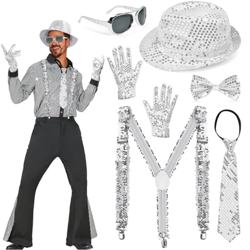 6 Stück Glitzer Outfit Herren Pailletten Hosenträger Set Disco Glitzer Accessoires mit Hut, Hosenträger, Krawatte, Fliege, Handschuhe, Brille, 80 Jahre Kostüm für Disco Karneval Party, Silber 6 Stück Glitzer Outfit Herren Pailletten Hosenträger Set Disco Glitzer Accessoires mit Hut, Hosenträger, Krawatte, Fliege, Handschuhe, Brille, 80 Jahre Kostüm für Disco Karneval Party, Silber von EMAGEREN