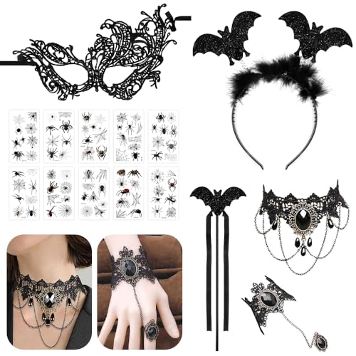 EMAGEREN 5 Stück Halloween Steampunk Damen Zubehör mit Fledermaus Haarreif Damen Fledermaus Halsband Gothic Schwarze Spitze Handschuhe Halskette Augenmaske Haarband mit 10 Tattoo-Aufkleber von EMAGEREN