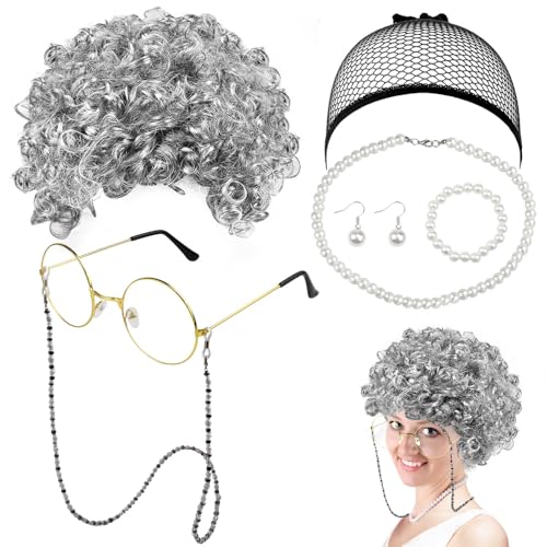 EMAGEREN 7 Stück Old Lady Kostüm Großmutter Cosplay Zubehör Set Oma Perücke Perücke Kappe Oma Perücke Kostüm Set Oma Brille Brillen Ketten Armband Perlenkette, Alte Dame Cosplay Set Kostümzubehör von EMAGEREN