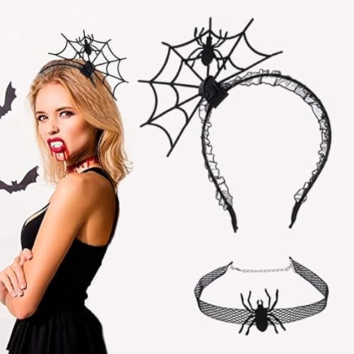 EMAGEREN Halloween Hexenhut Haarreif Spinnennetz Stirnband Spinnen Haarschmuck mit Choker Halsketten Gotische Spinnen Choker Stretch Halsketten Für Halloween Kostüm Cosplay Party von EMAGEREN