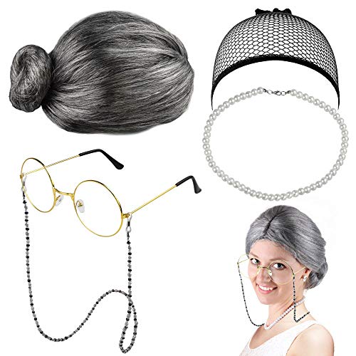 EMAGEREN Old Lady Kostüm Großmutter Cosplay Zubehör Set Oma Perücke Perücke Kappe Oma Brille Brillen Ketten Armband Perlenkette, Alte Dame Cosplay Set Kostümzubehör (5 Stück) von EMAGEREN