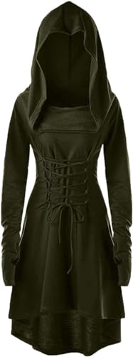 EMLOHSOL Gothic Kleid Damen,Kapuze Kleid für Karneval,Mittelalter Kleidung Damen,Retro Gothic Cosplay hexe kriegerin kostüm(Grün, M) von EMLOHSOL