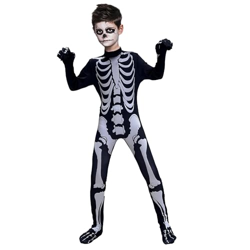 EMLOHSOL Skelett Kostüm Kinder Halloween Kostüm Mädchen Jungen Jumpsuit Maske Trick-or-Treating Halloween Dress Up Kostüm,Skelett Karneval Fasching Karneval Kostüme von EMLOHSOL