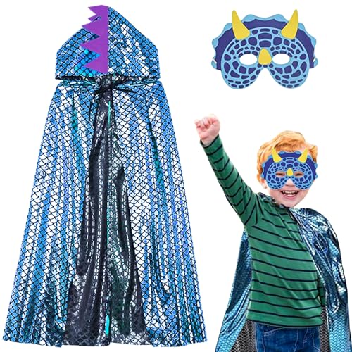 ENAIAH Dinosaurier Umhang, Glitzernder Dinosaurier Umhang Dinosaurier Kostüm für Kinder Karneval Kinder Köstum Cape mit Mask, Für Rollenspiel Halloween Themenparty Maskerade Jungen Mädchen (Blau) von ENAIAH