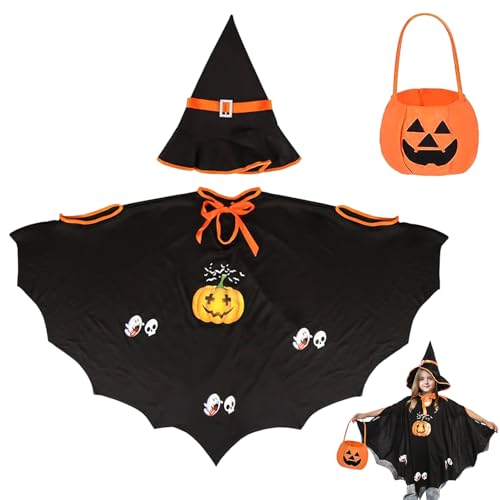 ENAIAH Halloween Kostüm Kinder,Halloween Fledermaus Kostüm Kinder Fledermaus Umhang Fledermaus Schwarz Kürbis Cape Set mit Hut und Kürbis Tasche, Für Halloween, Fasching, Karneval, Cosplay Party (A) von ENAIAH