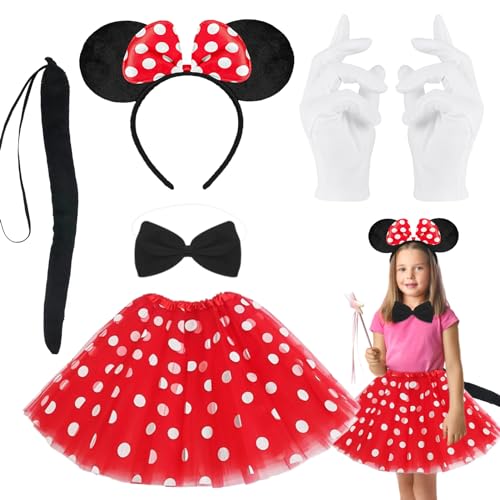 ENAIAH Maus Mouse Kostüm, 5 Stück Mädchen Maus Mouse Kostüm Set Rot Tutu + Haarreifen mit Maus Ohren + Schwarz Schleife + Handschuhe + Schwänze, Für Karneval Cosplay Fasching von ENAIAH