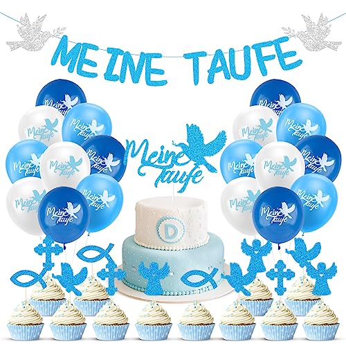 Taufe Deko Meine Taufe Girlande Deko Banner Blau Glitzer Taufe Banner und 18 Pcs Taufe Luftballons Taufe Dekoration für Junge und Mädchen Tauf usw von ENAIAH