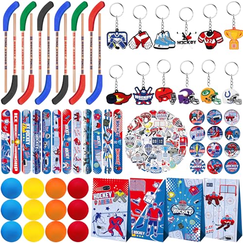 113 PCS Hockey-Partygeschenke-41 Hockey Aufkleber, 12 Goodie Taschen, 12 Button Abzeichen, 12 Slap Armbänder, 12 Kugeln, 12 Bleistifte, 12 Schlüsselanhänger für Eishockey, Sport, Party, Zubehör von ENCETARDE