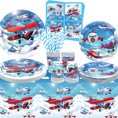 Airplane Party Supplies - Airplane Party Tableware - Dinner Plates Desserts Plates Cups Napkins Tablecover Straws for Plane Theme Party Baby Shower Supplies, Serves 20 (20) von ENCETARDE