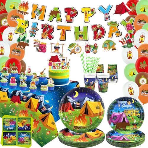 Camping Geburtstag Party Dekoration - Camping Party Geschirr, Teller Becher Servietten Camping Tischdecke Happy Birthday Banner Luftballons Kuchen Topper für Junge Camper Abenteuer Lagerfeuer Picknick von ENCETARDE