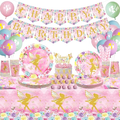 Fairy Birthday Party Decoration - Fairy Party Supplies, Plates Cups Napkins Tablecloth Happy Birthday Banner Balloons Cake Toppers for Fairy Flower Girls Butterfly Birthday Party Favors von ENCETARDE