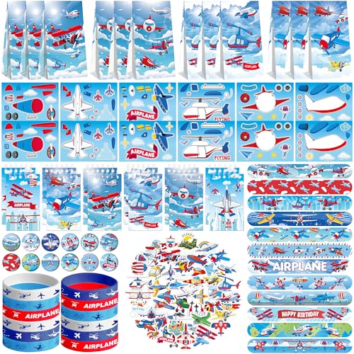 Flugzeug-Party-Gastgeschenke, 12 Goodie-Tüten, 12 Mini-Notizbücher, 12 Gummibänder, 50 Aufkleber, 12 Aufkleber zum Zusammenbauen, 12 Button-Buttons, 12 Schlagarmbänder für Partys Flugzeug-Party-Gastgeschenke, 12 Goodie-Tüten, 12 Mini-Notizbücher, 12 Gummibänder, 50 Aufkleber, 12 Aufkleber zum Zusammenbauen, 12 Button-Buttons, 12 Schlagarmbänder für Partys von ENCETARDE