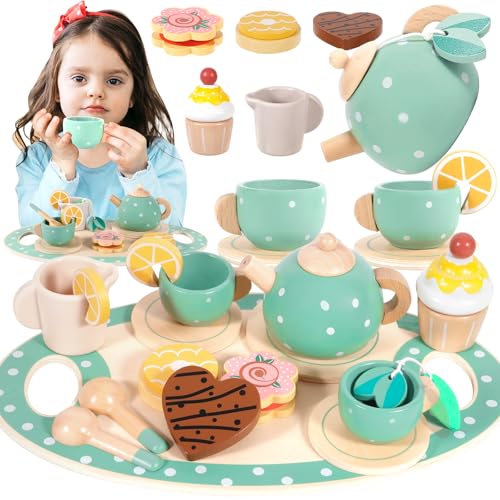 ENCOUN 17 Teeservice Kinder Holz Set, Tee Set Holzspielzeug, Teeparty Spielküche Rollenspiele, Tee Set Kinder Teeservice mit Dessert, Kinderküche Zubehör Geschenk für Kinder Mädchen Jungen von ENCOUN